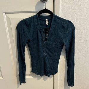 Free People Waffle Knit Henley Long Sleeve Top - Teal